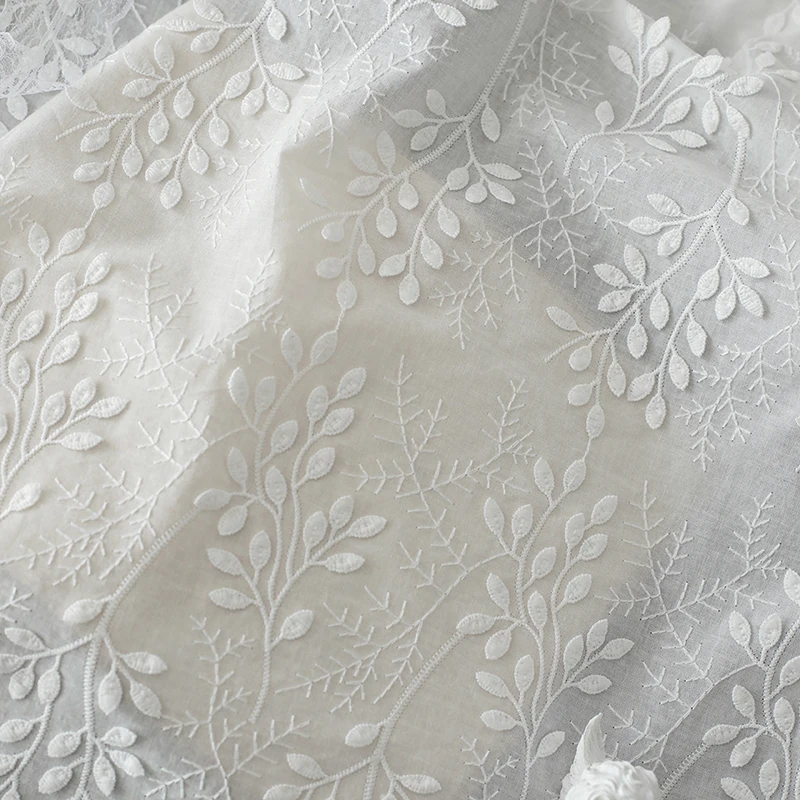 White leaf cotton three-dimensional embroidered fabric embroidery lace skirt shirt clothing design