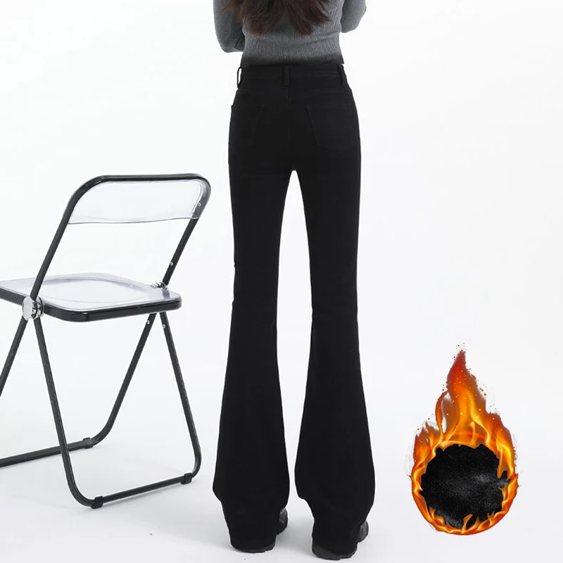 Pantalones vaqueros acampanados de felpa térmica de cintura alta para niña, pantalones vaqueros clásicos de lana fina para mujer, pantalones cálidos para la nieve a la moda para invierno