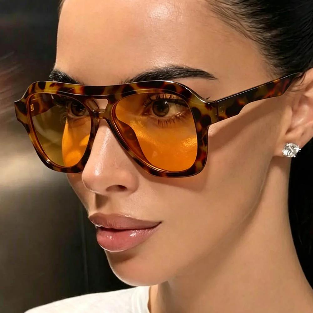 Neue Modische Übergroße Piloten-Sonnenbrille mit Doppelbrücke für Damen, Vintage-Sonnenbrillen UV400, Retro-Leopardenmuster für Herren, Trendige Outdoor-Sonnenbrillen
