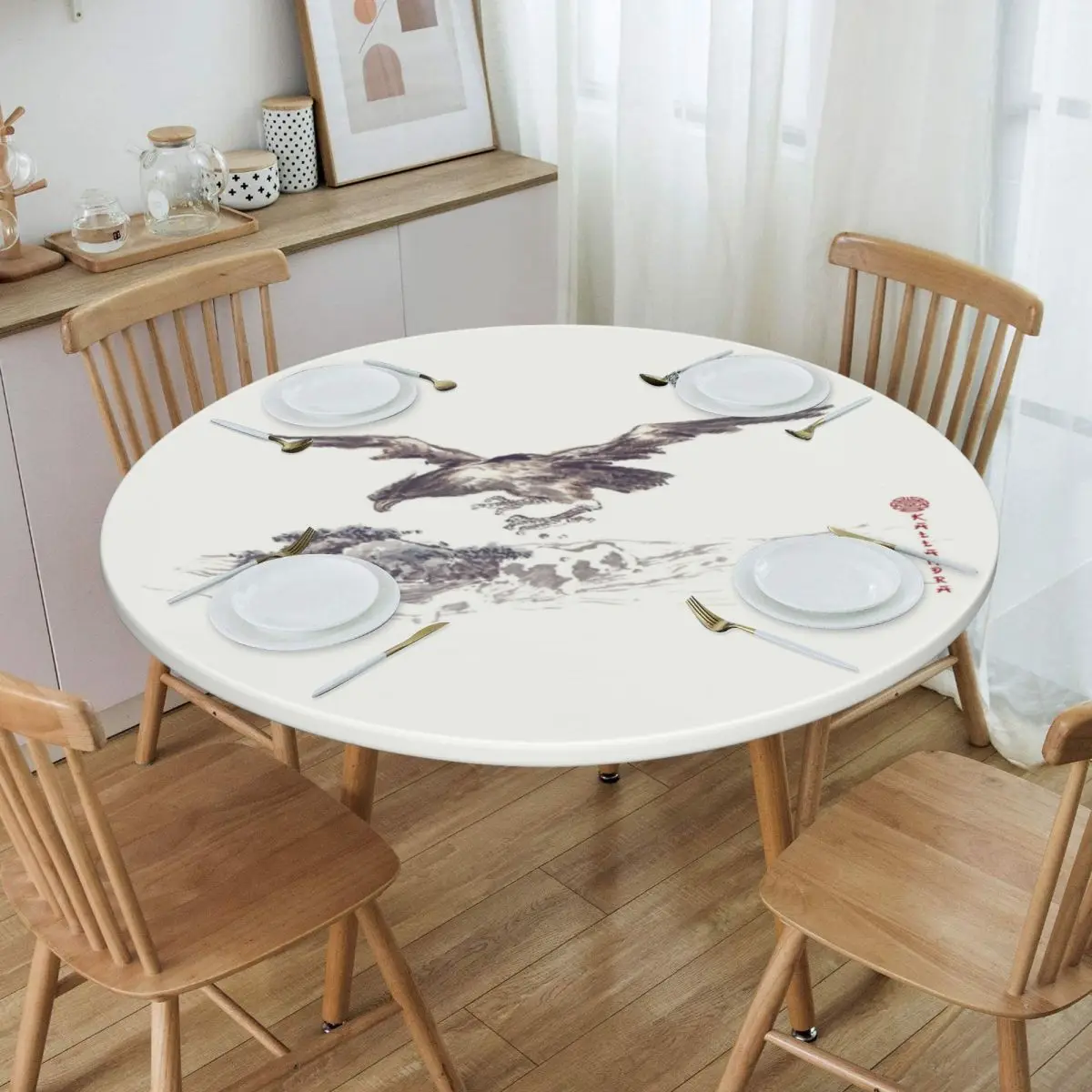 Round Waterproof Oil-Proof Flying Eagle Tablecloth Backed Elastic Edge Table Cover 45