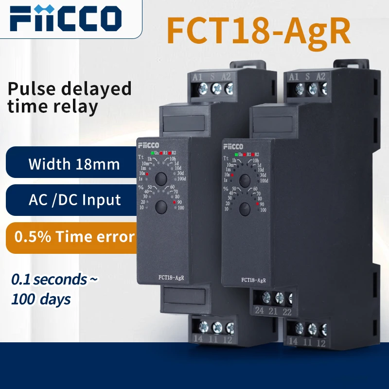 

Fiicco FCT18-AgR Din Rail Mounting AC220V 0.1s-100days NPN/PNP Controlled Signal Pulse Delay Timer Relay For Automatic Doors