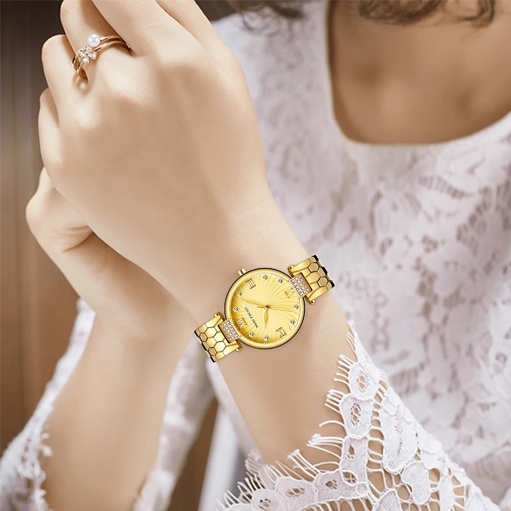 Latest MINI FOCUS MF0186L Unique Design Watch Luxury Gold Stainless Steel Band Japan Movement Waterproof Women Quartz Watches