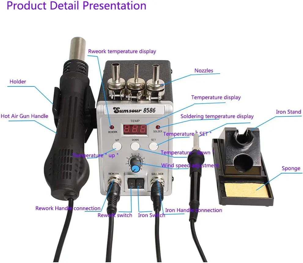 

8586 700 Вт 2-в-1 SMD паяльная станция светодиодный цифровой фен паяльник 110 В вилка США инструмент для ремонта ESD