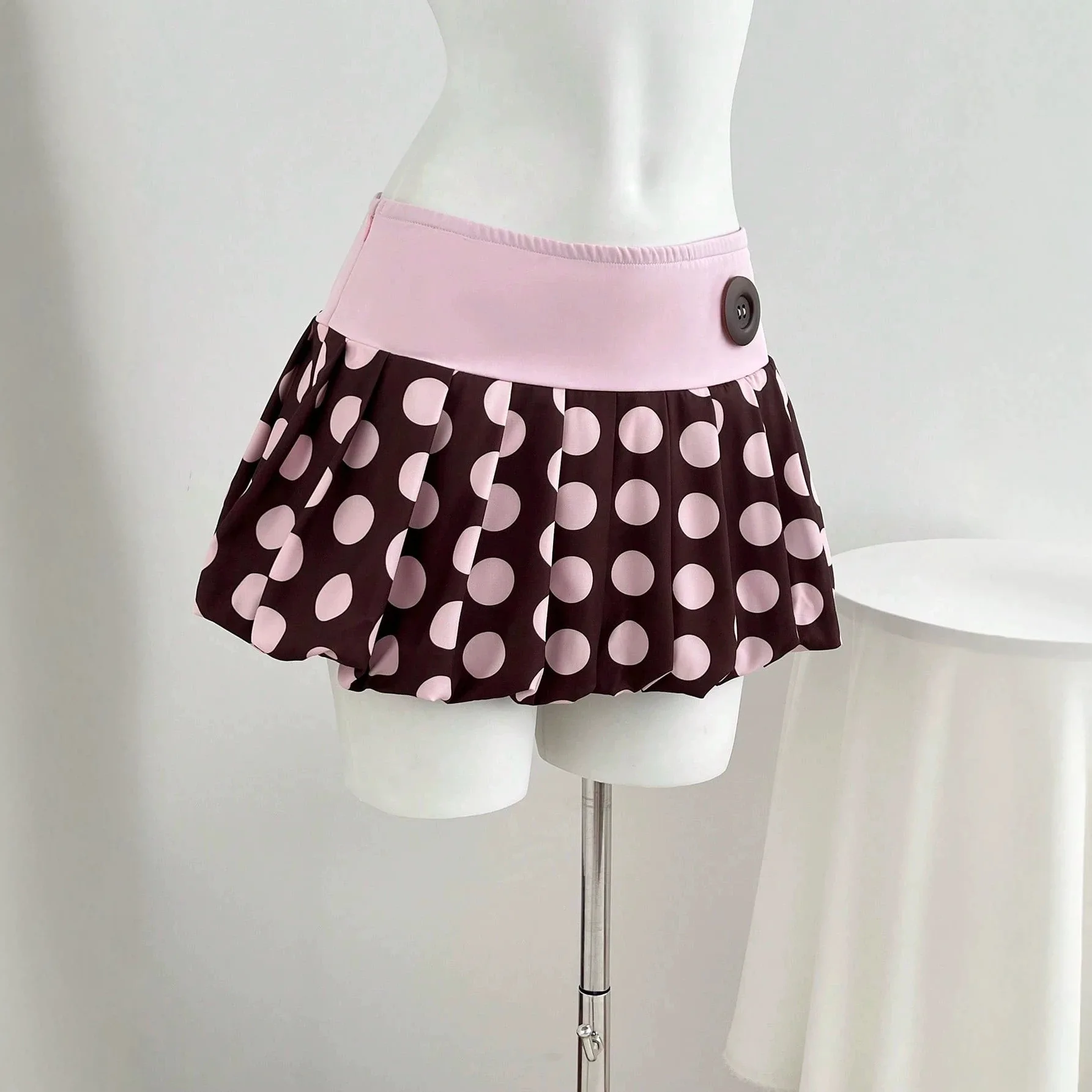 American high waisted button decoration polka dot print pleated mini skirt sweet cute summer street style versatile mini skirt