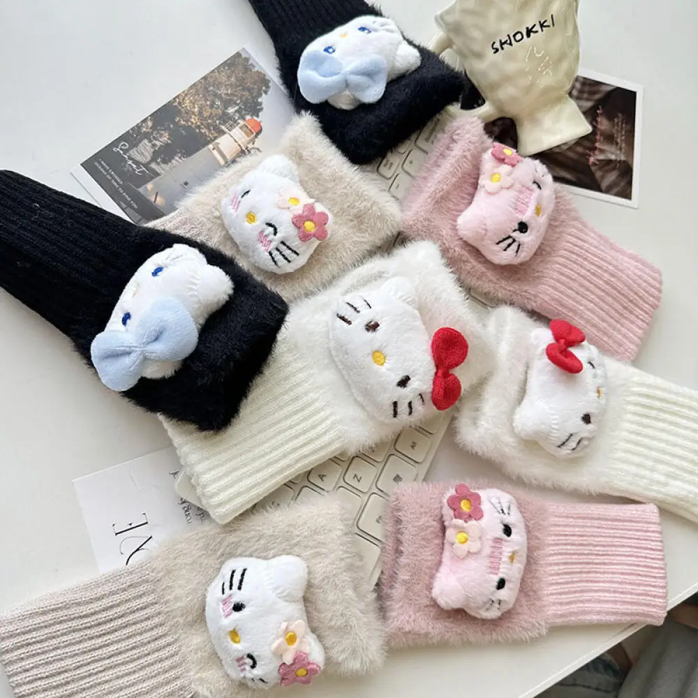 Sanrio Hello Kitty Half-fingered Glove Cute Cartoon Kitty Cat Stuffed Doll Writing Wrist Guard Gloves Girls Thicked Warm Gloves