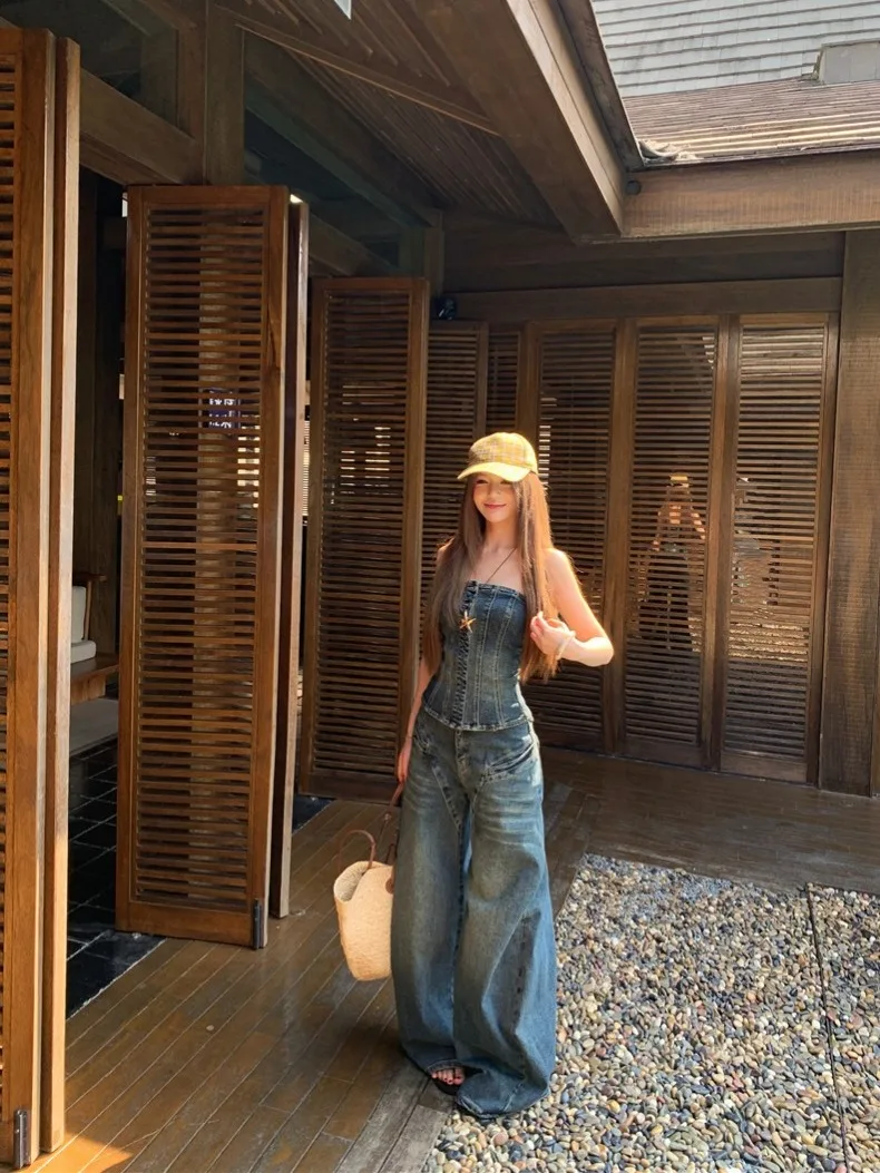 

Короткий топ в стиле Spicy Girl и джинсы с высокой талией, комплект из двух предметов, женская модная летняя одежда, облегающий повседневный универсальный наряд