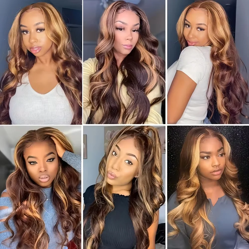 4/27 Hoogtepunt Ombre Blonde 180 Dichtheid Body Wave Pruiken Menselijk haar 13x4 HD Transparant Kant Frontale Pruik Krullend Voor Vrouwen 36 Inch