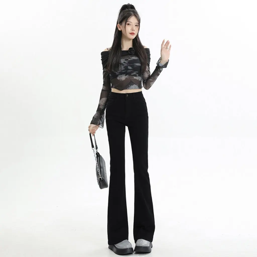 

Женские черные бархатные джинсы Bootcut с высокой талией, эластичные утягивающие брюки на осень-зиму, брюки с копытами лошади для маленького роста