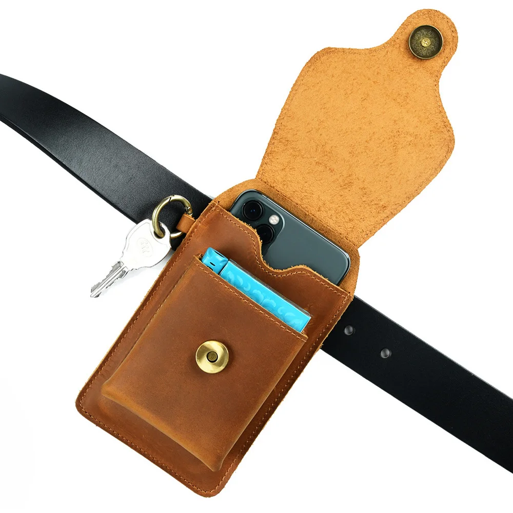 Crazy Horse Leather Phone Holster Belt Loop Pouch Tactical Top Grain Cowhide Waist Bag Vintage Outdoor Phone Case for Men