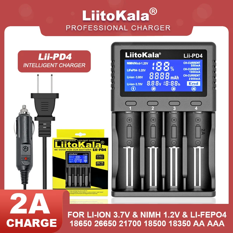 LiitoKala M4S CH2 PD4 LCD Multifunctional Battery Charger For 3.7V 1.2V 18650 26650 21700 14500 18350 17500 AA AAA A C And Other