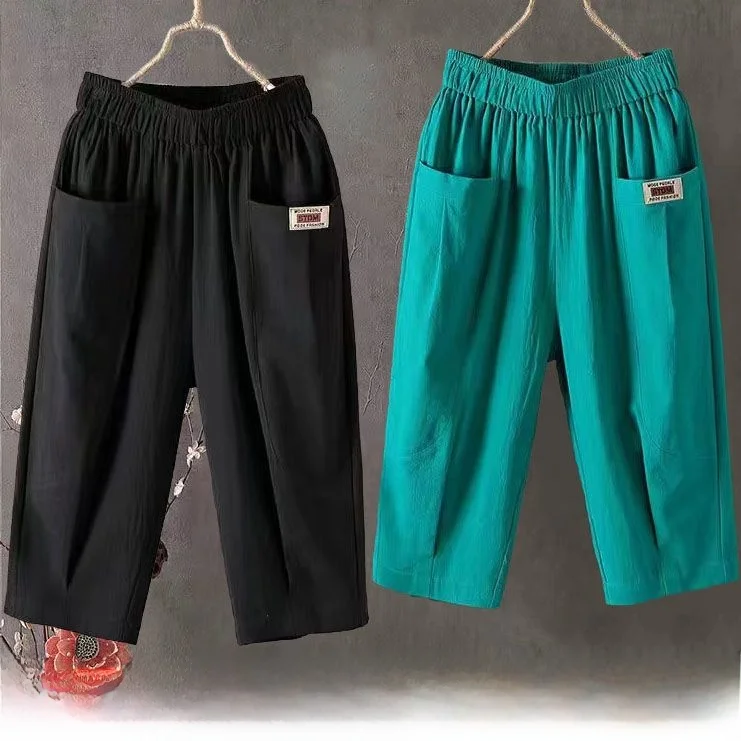 Summer Thin Cotton Linen Mom Pants Women Loose Large Size Elastic Waist Harem Casual Pants Comfortable High Waist ket Design