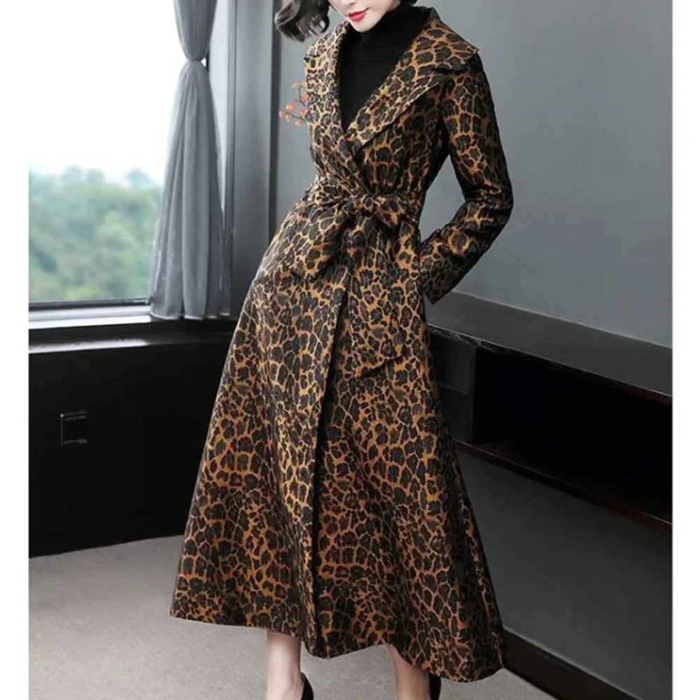 High End Fashion Leopard Coat Women Spring Autumn Korean Slim Long Trench Coat Female Windbreaker With Belt Mother Outwear 4XL