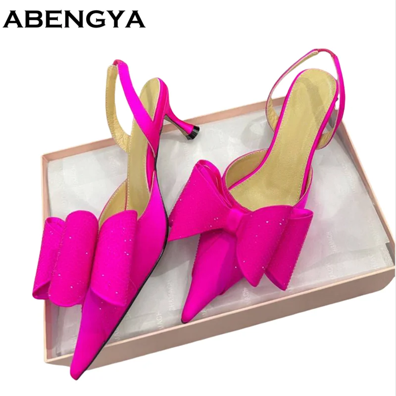 الصيف كريستال Bowknot أحذية عالية الكعب المرأة أحذية الحفلات الزفاف بوينت تو Slingback الصنادل النساء المصارع أحذية السيدات 2025
