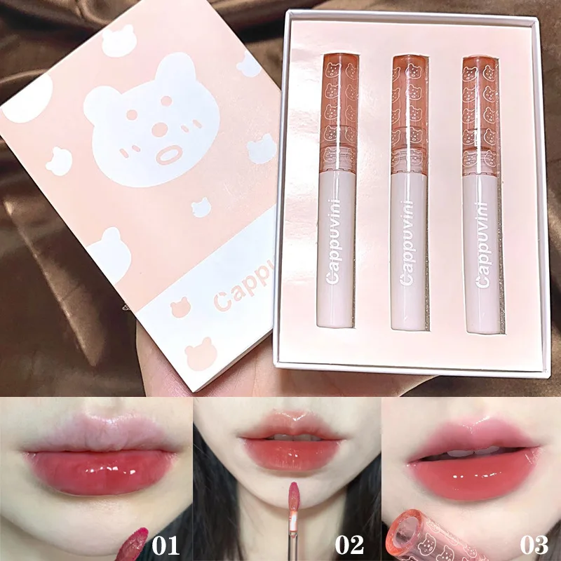 3Pcs Lipgloss ชุ่มชื่น Lip Gloss ลิปกลอสกระจกโปร่งแสงลิปสติกลิปสติก Nude Brown Clear Tint แต่งหน้า