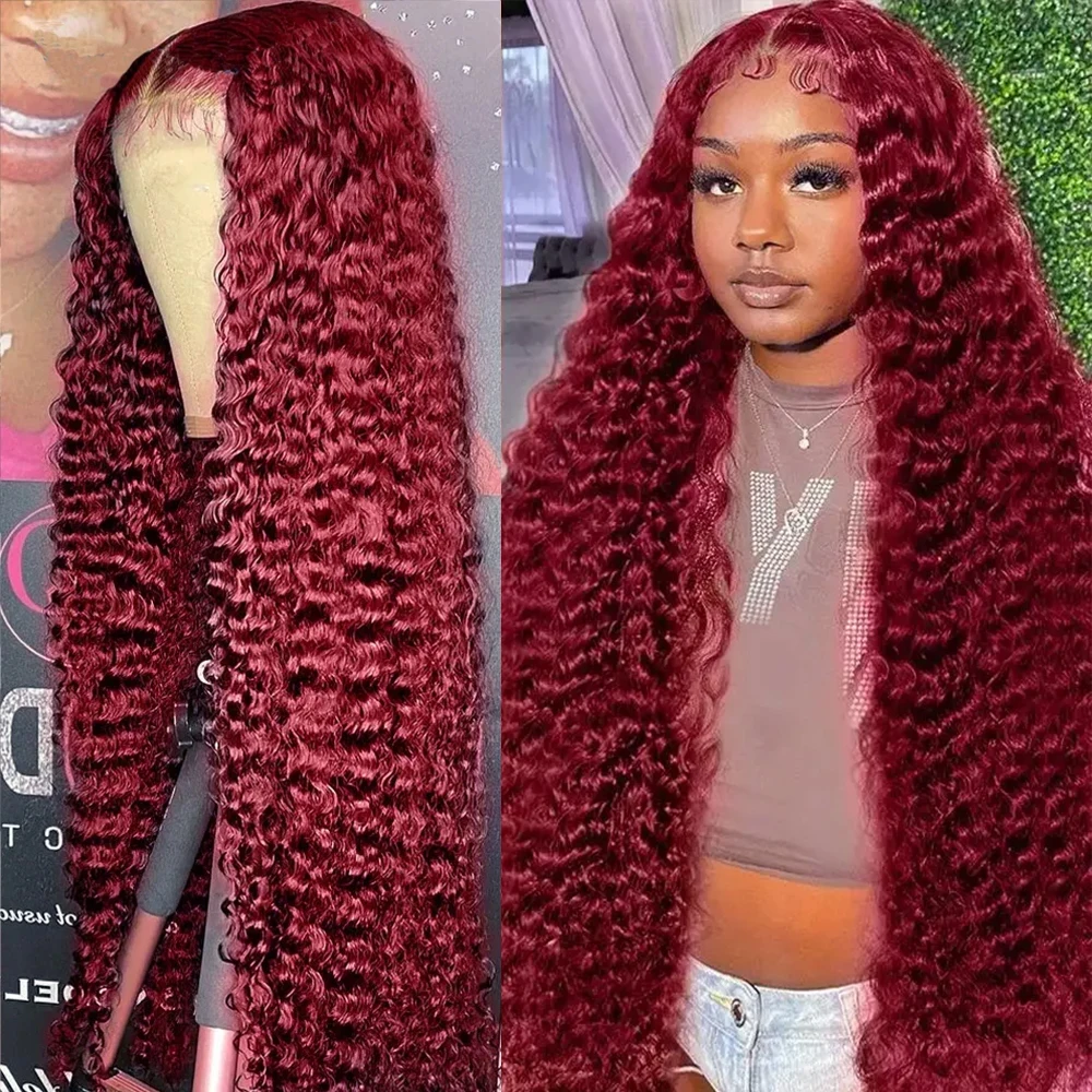 Glueless Wig Human Hair 99J Burgundy Deep Wave 13x4 7x5 Lace Front Wigs Ready To Wear Red Colored Curly Wig Preplucked For Women