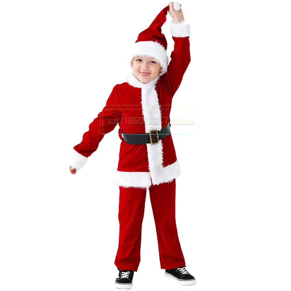 

Children Christmas Costume for Boy Girl Santa Claus Party Outfit with Hat Xmas Holiday Coat Pants Set Funny Cosplay Kids Clothes