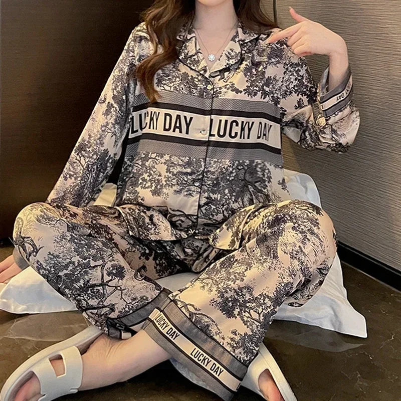 Spring Autumn New Satin Silk Pajamas for Women Fashion Long Sleeve Long Pants High Grade Elegant Comfortable Lapel Loungewear