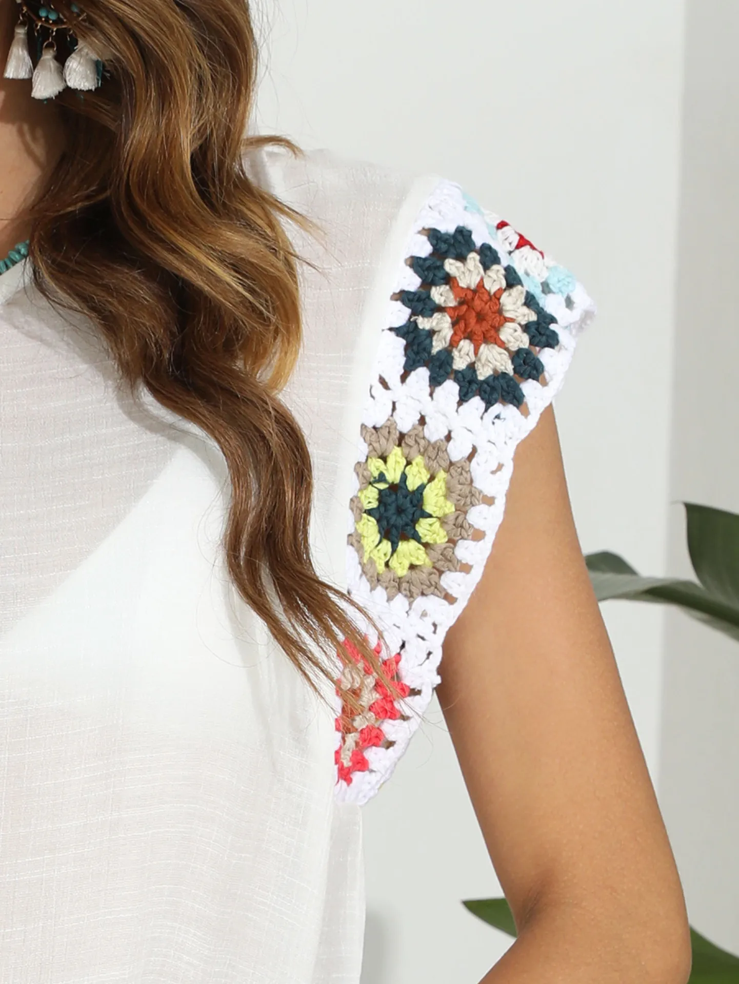 Color Hand Crochet Cuffed Sleeve Beach Bikini Cover-up Dress for Women Casual Tassels O Neck Beachwear Cover Up