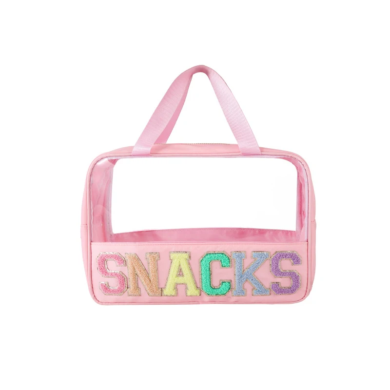 SNACKS Letter Cosmetic Bag Women Travel Pvc Toiletry Bag Organizer Waterproof Transparent Makeup Bag Clear Handle Toiletry Bag