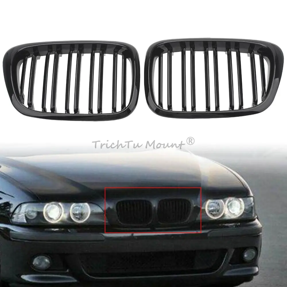 1Pair Front Grill Grille Double-Layer Grilles Car Front Grille Compatible With BMW 5-Series E39 1999-2003 High Quality Abs Black