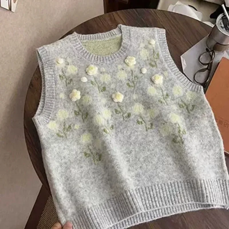 

Корейский вязаный жилет с милым цветком для женщин на осень и зиму, новый свободный ленивый стиль, модный многослойный жилет без рукавов