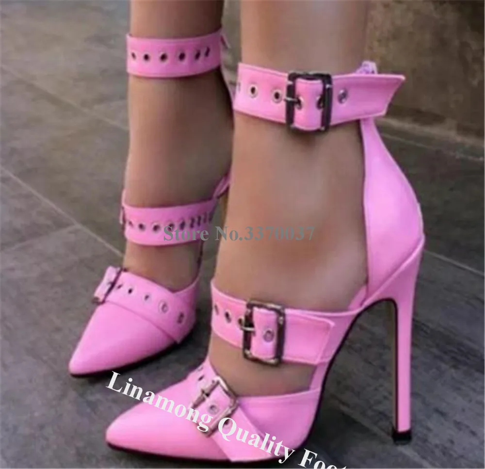 Linamong Metal Buckles Straps Stiletto Heel Pumps Newest Pointed Toe Blue Pink Green Matte Leather Ankle Straps Thin Heel Shoes