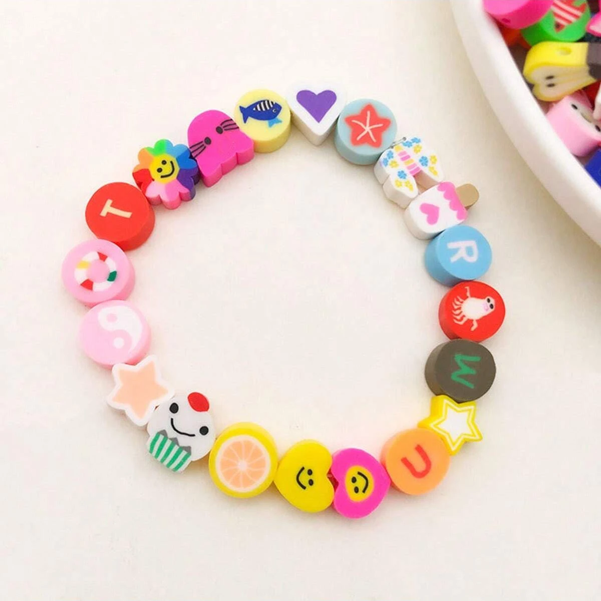 9-12mm 300/150pcs Random Styles Vibrant Round Clay Beads,1 Roll of Elastic Thread- Assorted Patterns for DIY Jewelry Making