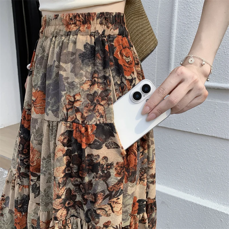 Retro Color Block Floral Print Half Skirt Women's Pleated Chiffon Gown High Waist Fashionable Floaty Cake Style Long Skirt