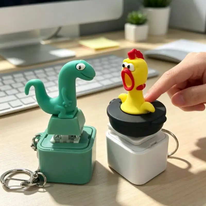 Cute Animal Fidget Clicker Keychain, Dino Chicken Seagull Duck Sound Button Toy, Light Up Stress Relief Bag Pendant Sensory Toy