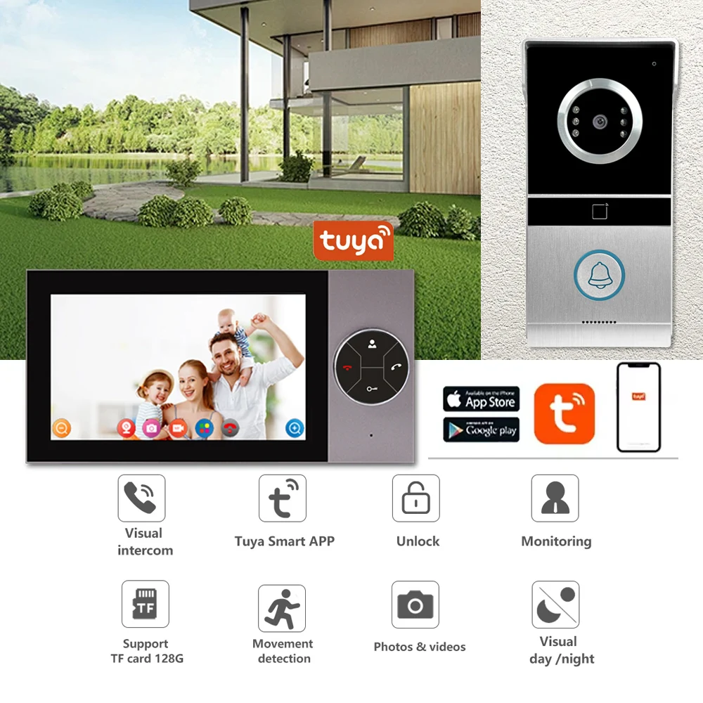 Tuya 7-inch visuele intercom deurbel Intelligente HD bewegingsdetectie/video-opname/intercom met ontgrendeling op afstand