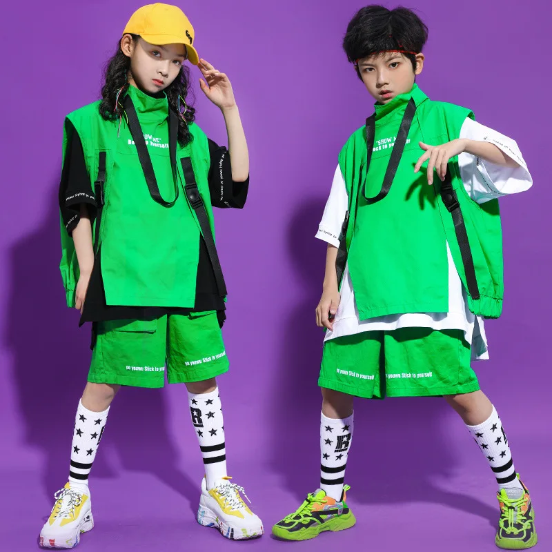 Kid Cool Hip Hop Clothing White Graphic Tee Oversized T Shirt Top Green Summer Shorts for Girl Boy Jazz Dance Costume Clothes