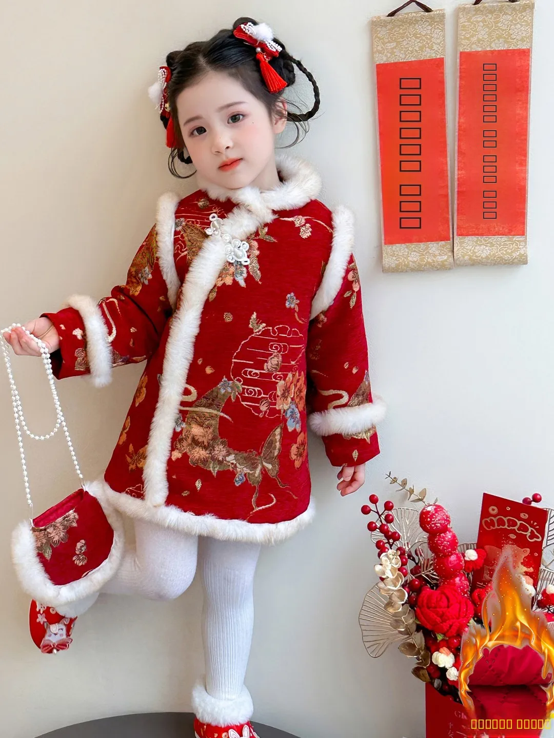 

Новое зимнее платье для девочек: красное, утепленное, хлопковое, с цветочным кружевом, в традиционном китайском стиле, для Китайского Нового года