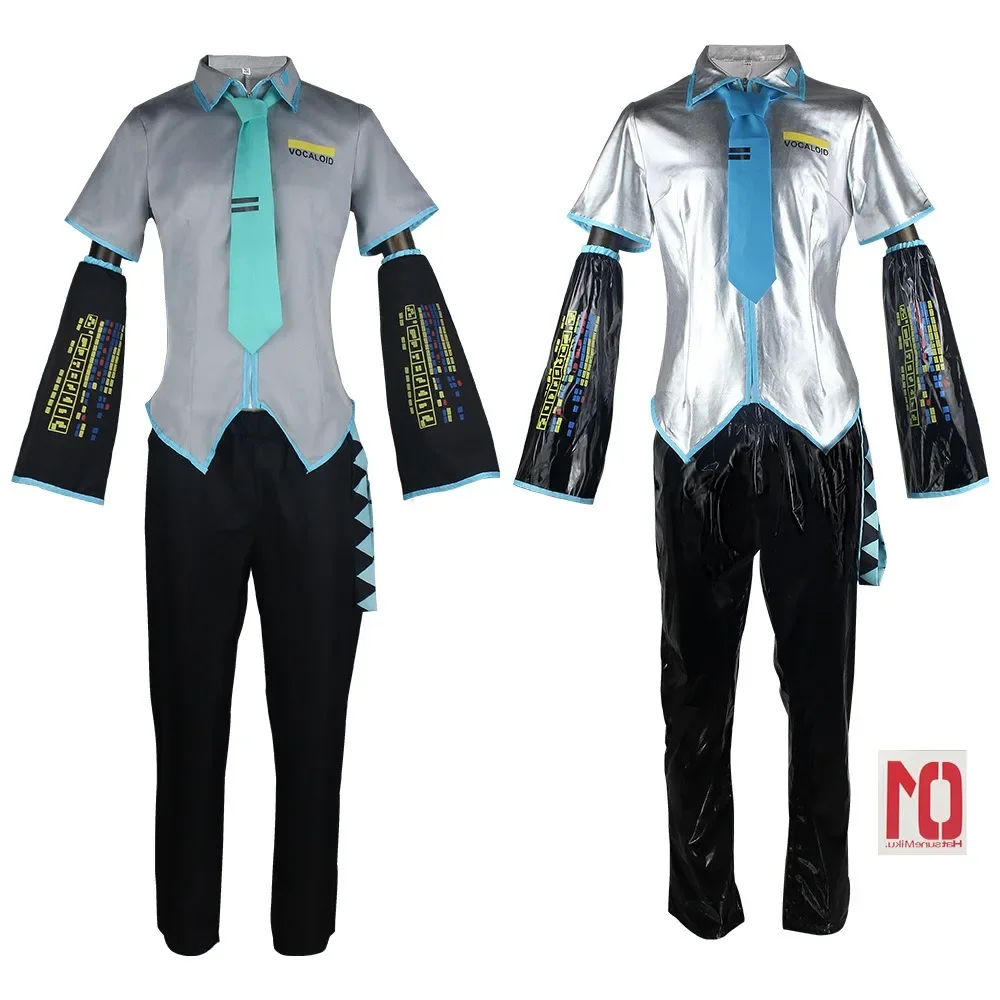 Cosplay talla europea hombre Miku Cosplay disfraz peluca conjunto completo tela de cuero plateado traje Miku uniforme de estilo masculino