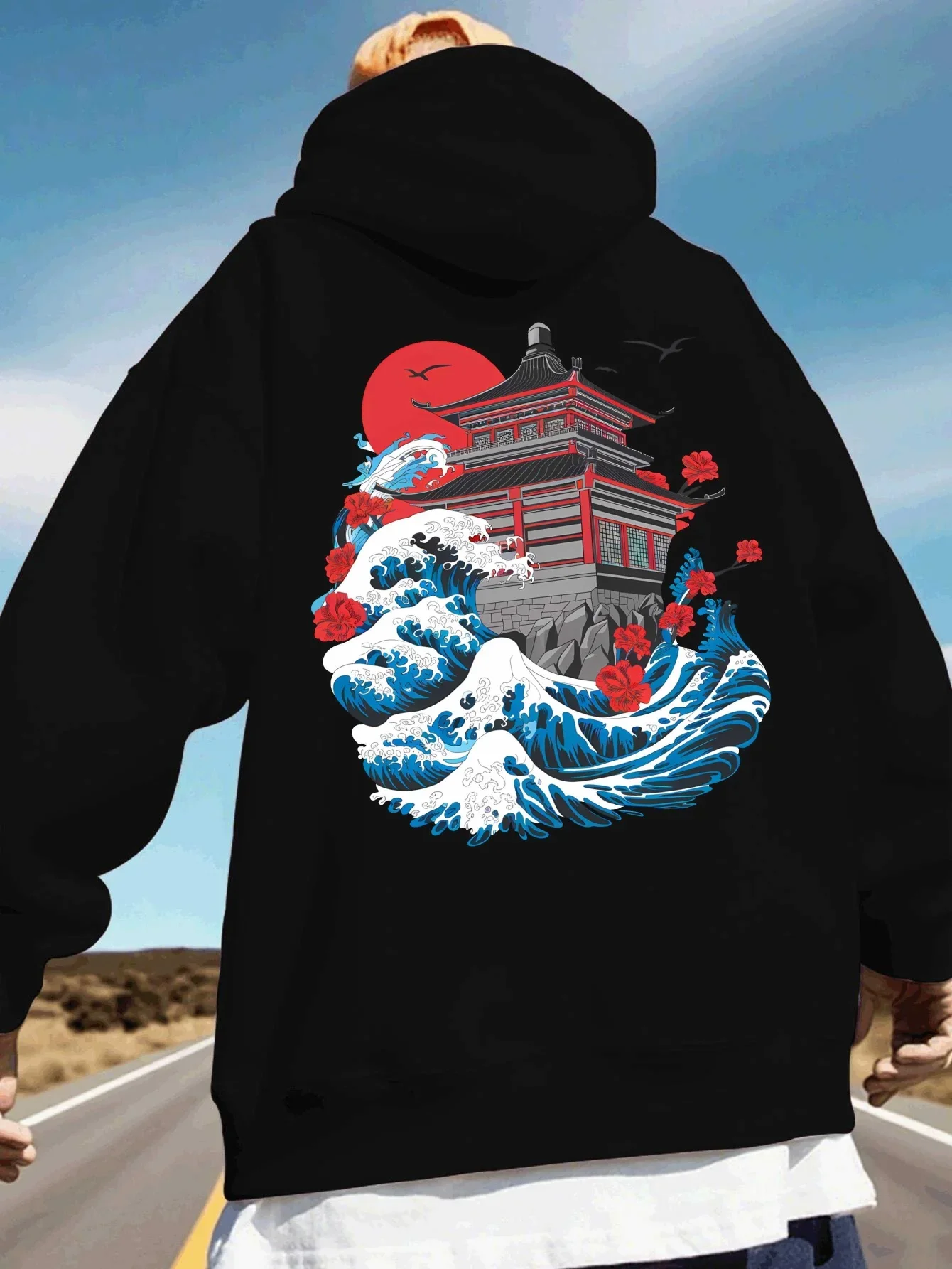 Korean Hot Ukiyo-e Style Building Ocean Wave Graphic Hoodie Men Women Long Sleeve Daily Wear Casual Pullover