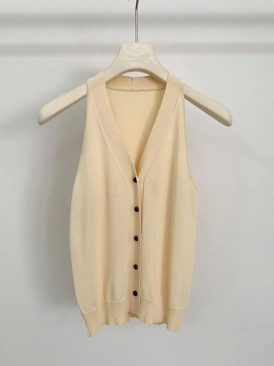 เสื้อกั๊กถักนิตติ้งลำลอง DT ETOLIE สำหรับผู้หญิง ฤดูร้อน ทรงเข้ารูป ผ้าผสมคอตตอน สีพื้น กระดุมเม็ดเดียว