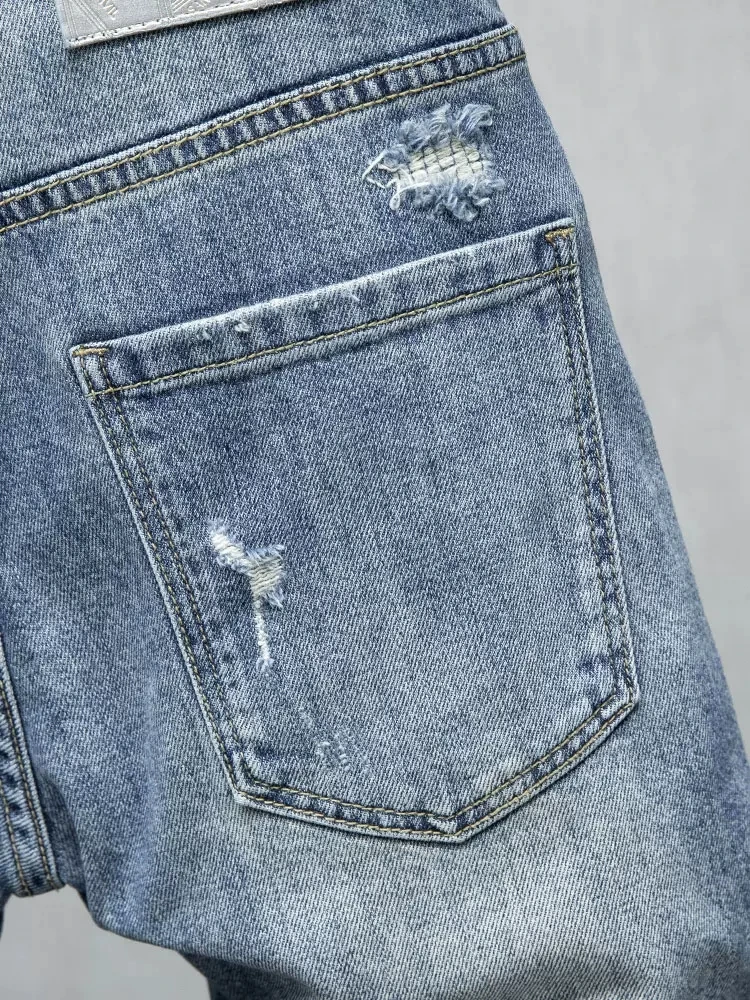 Summer Fashion Designer Men Jeans Spliced Retro Blue Elastic Stretch Ripped Short Jeans Homme Patched Hip Hop Denim Shorts Men