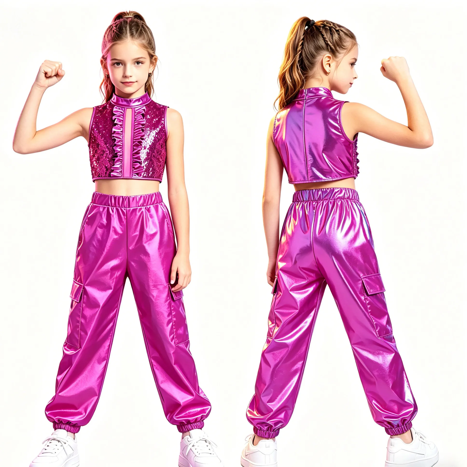 

Kids Girls Hip Hop Jazz Street Dance Outfit Zipper Sequin Ruffles Crop Vest Top with Metallic Shiny Pants for School Party Show