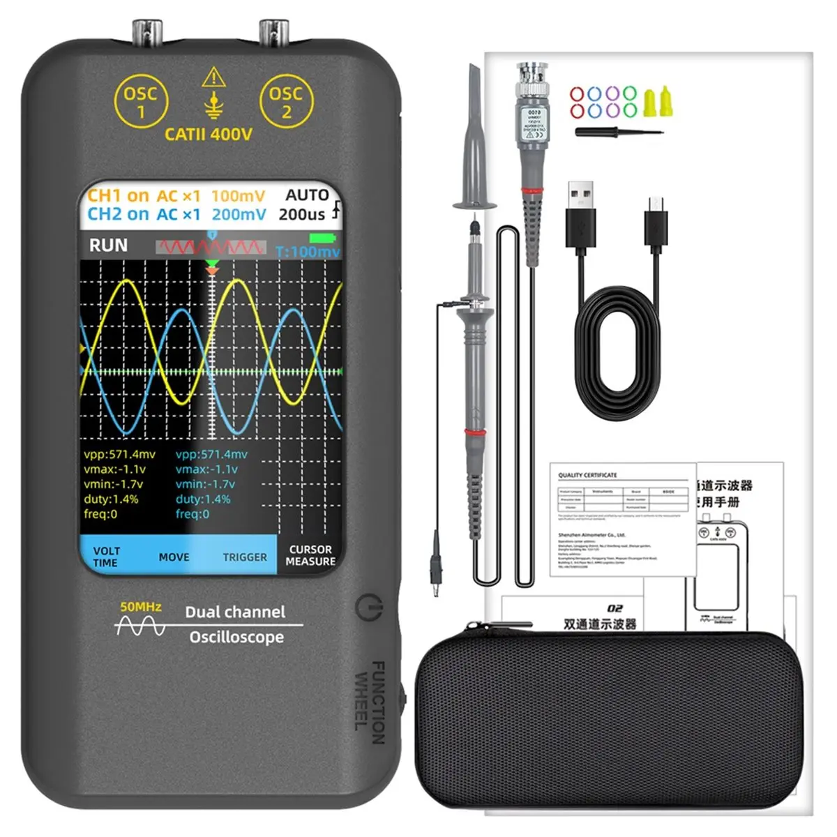 Dual Channel Digital Oscilloscope 50Mhz with Touch Screen & Signal Generator - 250MSa/S Sampling, 3.98Inch TFT Display