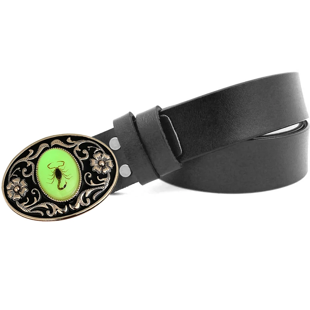 

120cm Length Mens Belts Genuine Leather with Green Luminous Scorpion Gold Oval Metal Buckles Cowboys Cowgirls Belts