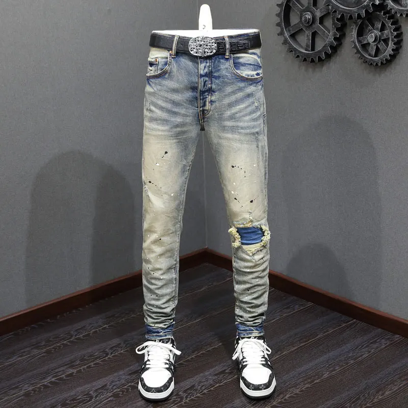 

Street Fashion Men Jeans Retro Washed Blue Stretch Skinny Fit Painted Ripped Jeans Men Patched Designer Hip Hop Brand Pants