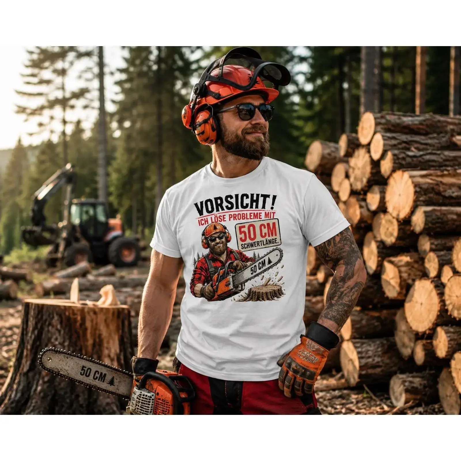 Caution I solve problems with a 50 cm sword length shirt lumberjack t gift chainsaw funny saying vintage Washed Breathable