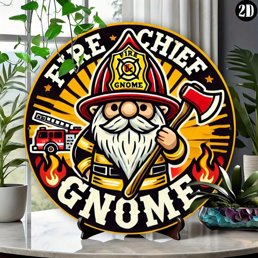 Vintage Fire Chief Gnome Metal Tin Sign, Retro Firefighter Gnome with Axe and Fire Truck Round Wall Art Decor, Classic Fireman T