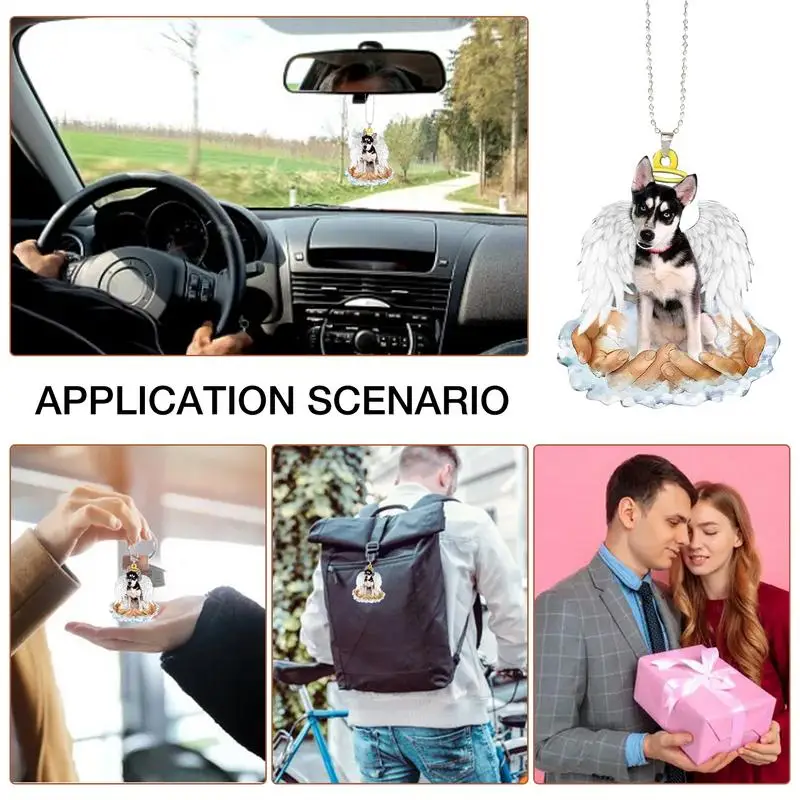 Dog Car Pendant Angel Wing Dog Pendant Cute Dog Hang Decorations 2D Acrylic Pendant For Car Rearview Mirror Backpack Christmas