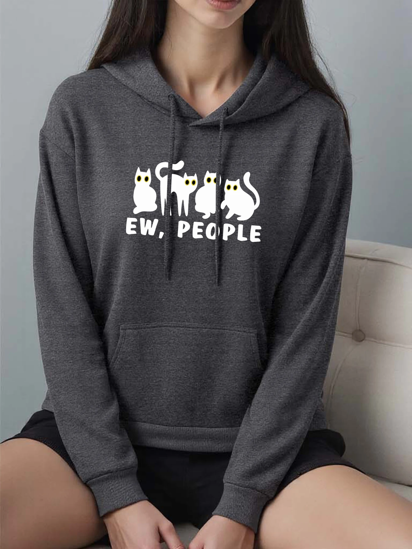 

Ew People Cartoon Cats Printing Women Hoodies Y2K Loose Pullover Autumn Fleece Hoody All-Match Hip Hop Female Streetwear