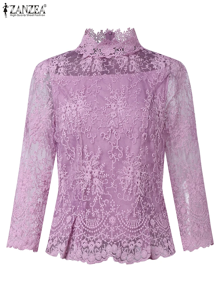 ZANZEA المرأة الخريف تفريغ الدانتيل بلوزة بلايز خمر الأزهار Blusas 3/4 كم س الرقبة الستر 2025 بلوزة شفافة غير رسمية #4
