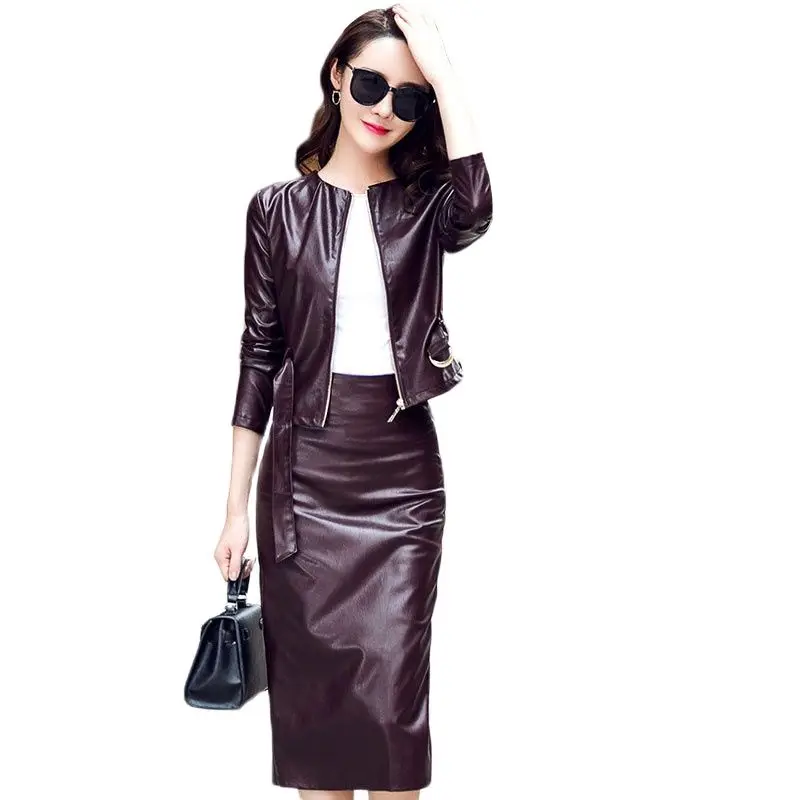 

Autumn Women Faux Leather Jacket Sets Black Slim 2-Piece Set Elegant Fashion O-neck Ladies package hip leather Skirts Suit W194