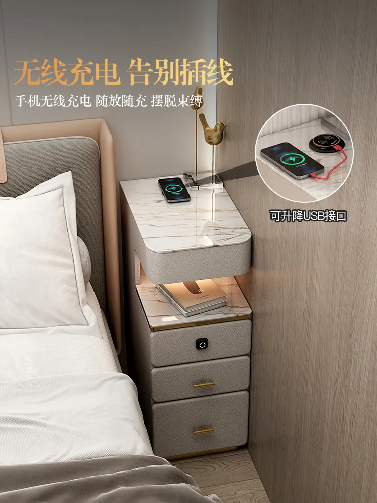 Bedroom Smart Bedside Table Narrow Gap Side Table with Fingerprint Lock Wireless Charging