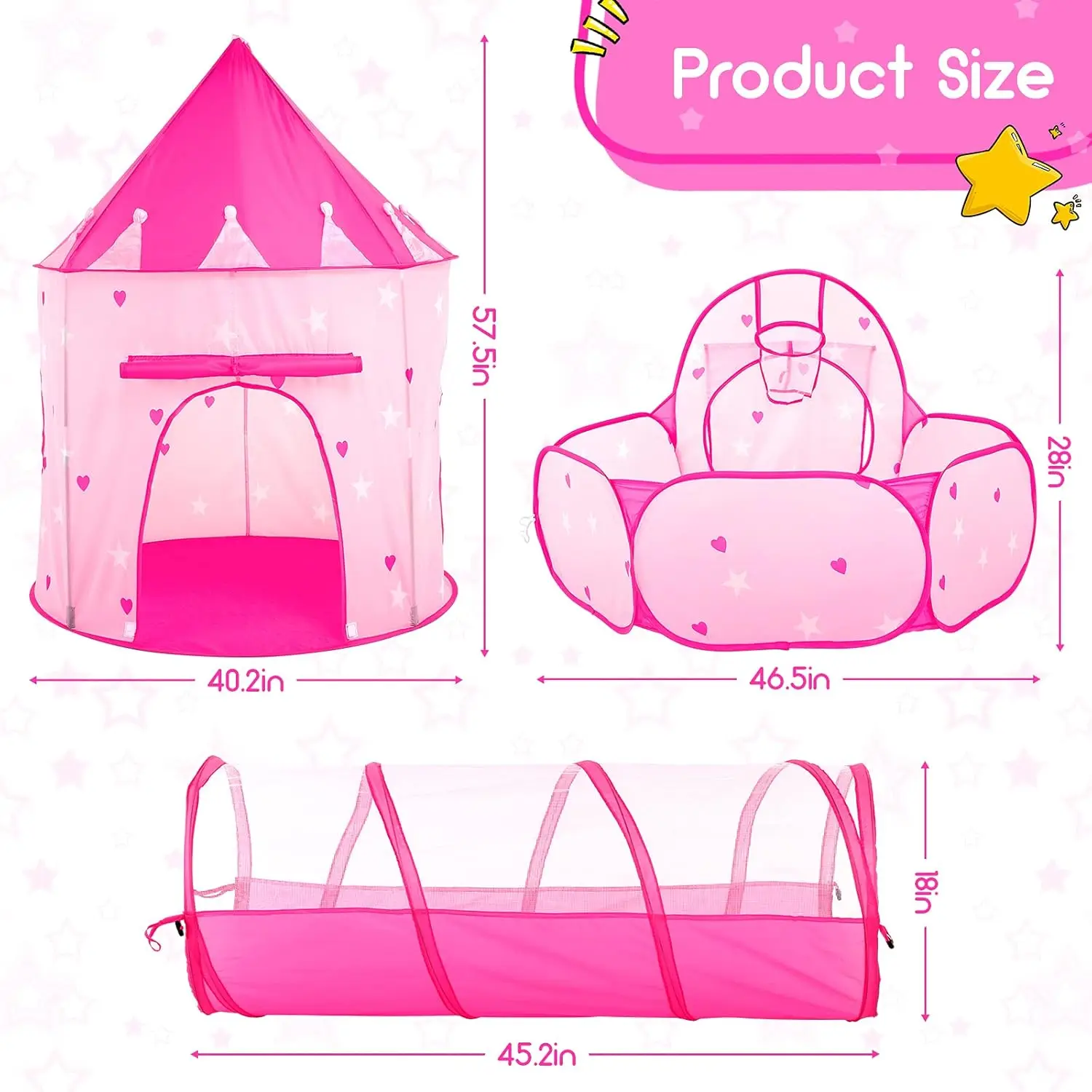 Barraca de brincar infantil de 3 peças para meninas com poço de bolinhas, túnel de engatinhar, barracas de princesa para crianças, brinquedos de casa de brincar do mundo do espaço do bebê, meninos ind