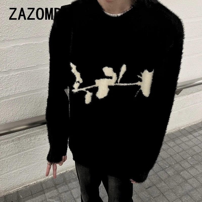 

ZAZOMDE Harajuku Men Sweater Vintage Retro Knitted Rose Flower Pullover Jumpers Streetwear 2024 Hip Hop Loose Cozy Sweaters Men