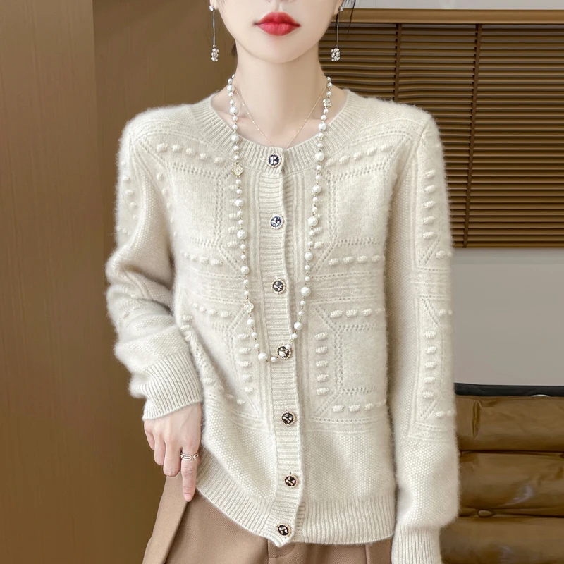 Women\'s Cardigan Autumn/Winter 100% Pure Wool Sweater Casual Knitted Sweater Round Neck Loose Tops All-match Button Blouse